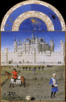 a painting of a man riding a horse in front of a large castle