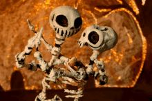 a couple of skeletons are standing next to each other with one giving the middle finger