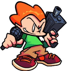 a cartoon character holding a microphone and a gun