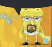 a cartoon of spongebob wearing underwear and glasses holding a cup of water .