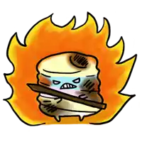 a cartoon drawing of a marshmallow holding a stick in front of a flaming background