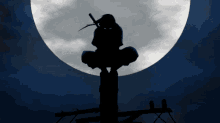 a silhouette of a ninja holding a sword against a full moon