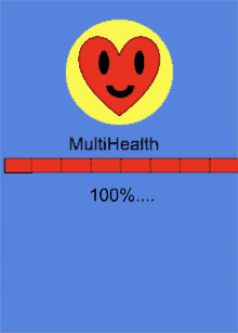 a blue background with a red heart and a yellow circle that says multihealth