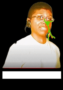 a man wearing glasses and headphones has a green frog coming out of his nose