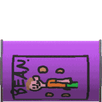 a cartoon of a boy laying on his back on a purple surface with the word bean written on it .