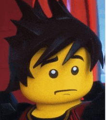 a close up of a lego character with black hair and a serious face .