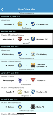 a screenshot of the mon calendrier app shows a list of matches