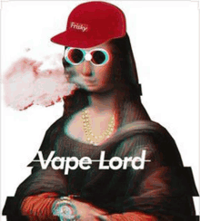 the mona lisa is wearing a red hat , sunglasses , and a watch while smoking a cigarette .