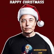 elon musk is wearing a santa hat and a moonshotdoge coin shirt