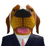 a dog wearing a suit and tie with its tongue hanging out