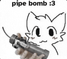 a black and white drawing of a cat holding a pipe bomb in its hand .