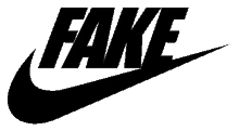 a black and white nike logo with the word fake on it