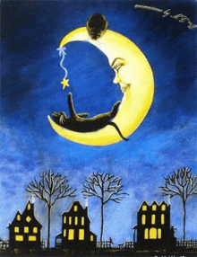 a painting of a cat laying on a crescent moon with a star