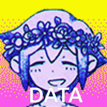 a drawing of a girl with a crown of flowers on her head and the word data written below her