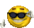 a yellow smiley face wearing sunglasses and a pair of ear buds .