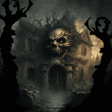 a painting of a haunted house with a skull on top