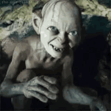 a close up of gollum from the lord of the rings looking at the camera .