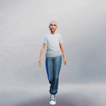 a bald woman wearing a white shirt and blue jeans