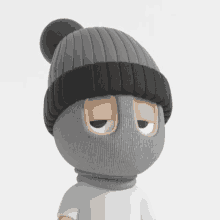 a 3d rendering of a cartoon character wearing a knitted hat and mask .