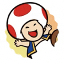 a cartoon of a toad wearing a red and white mushroom hat and holding a mushroom .