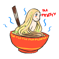 a drawing of a woman in a bowl of noodles with the words im pretty below