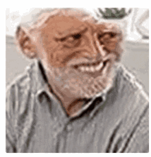 an elderly man with a beard is smiling and making a funny face .