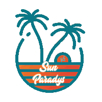 a logo for sun paradys has palm trees and a sunset