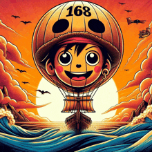 a cartoon illustration of a boy in a hot air balloon with the number 168 on it