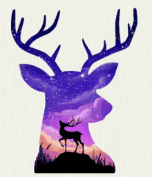 a silhouette of a deer with a purple background