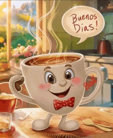 a cartoon of a cup of coffee wearing a bow tie and smiling with a speech bubble that says buenos dias .