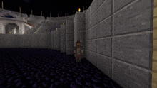 a statue of a man in a hat is standing next to a wall in a minecraft world