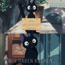 a black cat holding a wooden sign that says join wolkenstadt laputa