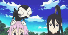 a couple of anime characters standing next to each other in a field .