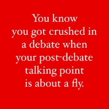 a red poster that says you know you got crushed in a debate when your post-debate talking point is about a fly .