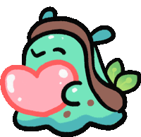 a cartoon drawing of a green monster holding a pink heart in its mouth