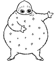 a black and white drawing of a cartoon character with a star on his chest .