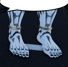 a cartoon character 's feet are shown with a speech bubble in the background