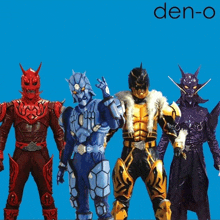 the word den-o is on a blue background with a group of cartoon characters