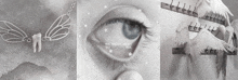 a black and white photo of a woman 's eye with the words we were born to die written on it