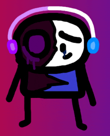 a cartoon character wearing headphones and a half black half white mask