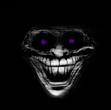 a black and white drawing of a skull with purple eyes and teeth on a black background .