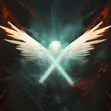 a drawing of a cross with wings and a light coming out of it