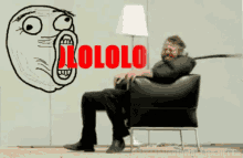 a man is sitting in a chair with a cartoon face behind him that says lolololo