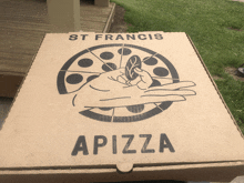 a pizza box with a hand holding a pizza and the word apizza on it