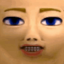 a close up of a cartoon character 's face with blue eyes and teeth .