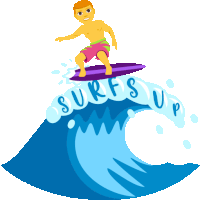 a cartoon illustration of a boy riding a wave with the words surfs up below him