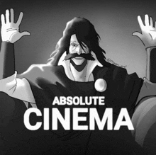 a black and white drawing of a man with a mustache and the words absolute cinema