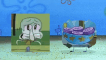 squidward from spongebob squarepants is sitting next to a bowl of purple onions