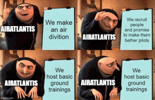 gru from despicable me is holding a clipboard that says we make an air division