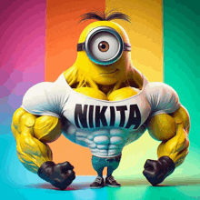 a very muscular minion with a shirt that says nikita